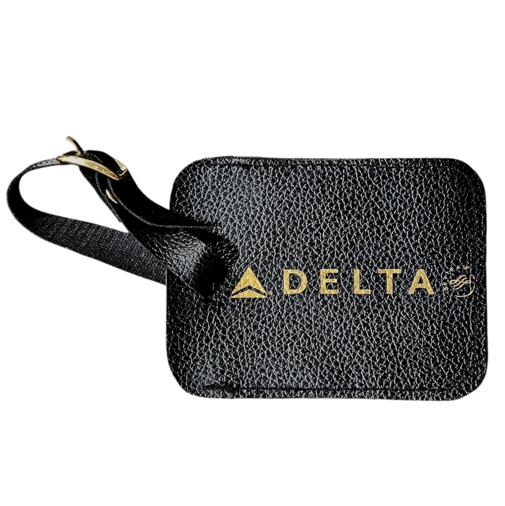 DELTA collectors leather luggage tag black EUC rare pet carrier ID vintage